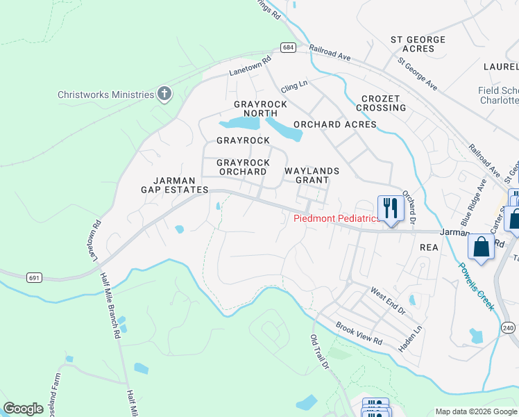 map of restaurants, bars, coffee shops, grocery stores, and more near 6118-6144 Jarmans Gap Rd in Crozet
