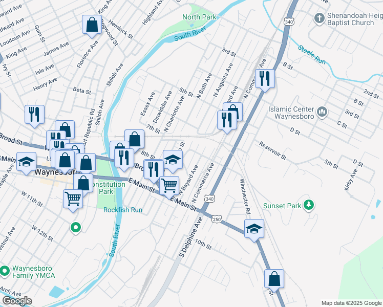 map of restaurants, bars, coffee shops, grocery stores, and more near 537 7th Street in Waynesboro
