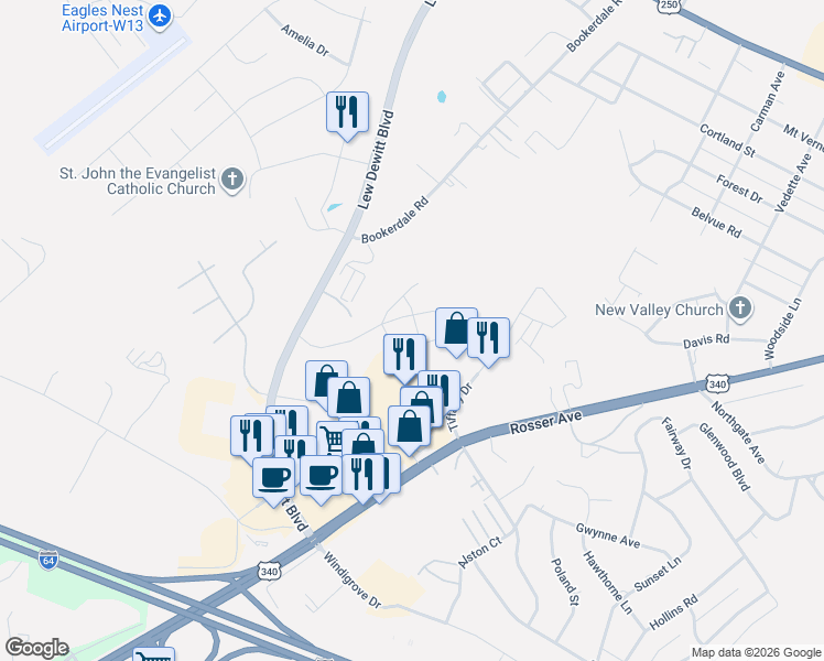 map of restaurants, bars, coffee shops, grocery stores, and more near 205 Sunbird Lane in Waynesboro