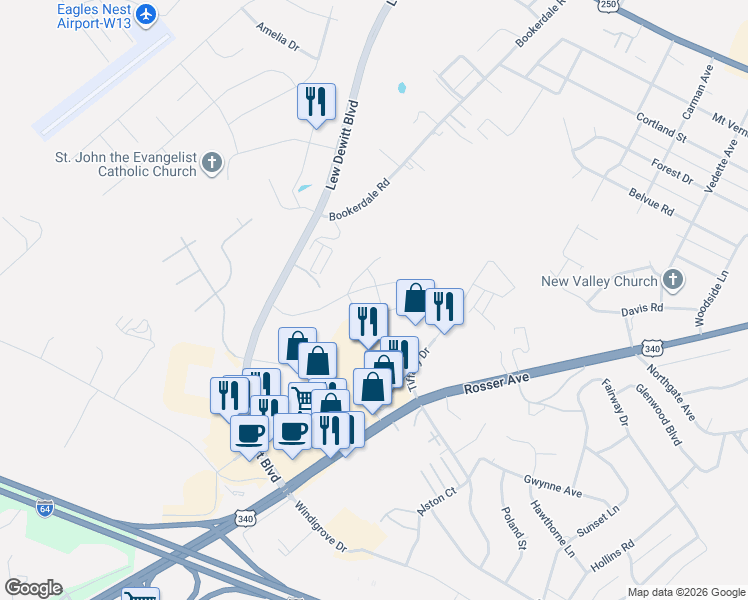 map of restaurants, bars, coffee shops, grocery stores, and more near 205 Sunbird Lane in Waynesboro