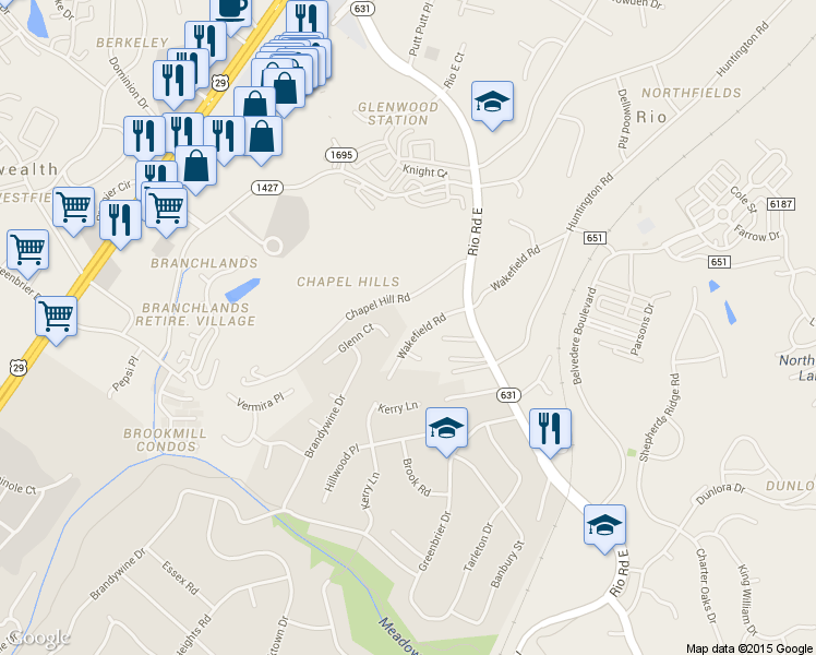 map of restaurants, bars, coffee shops, grocery stores, and more near 2305 Wakefield Rd in Charlottesville
