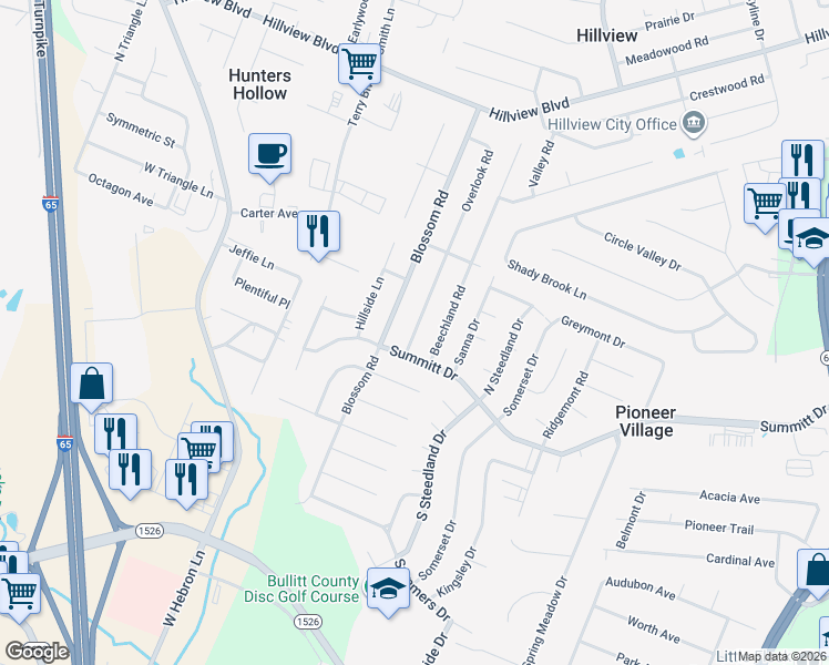 map of restaurants, bars, coffee shops, grocery stores, and more near 146 Overlook Road in Louisville