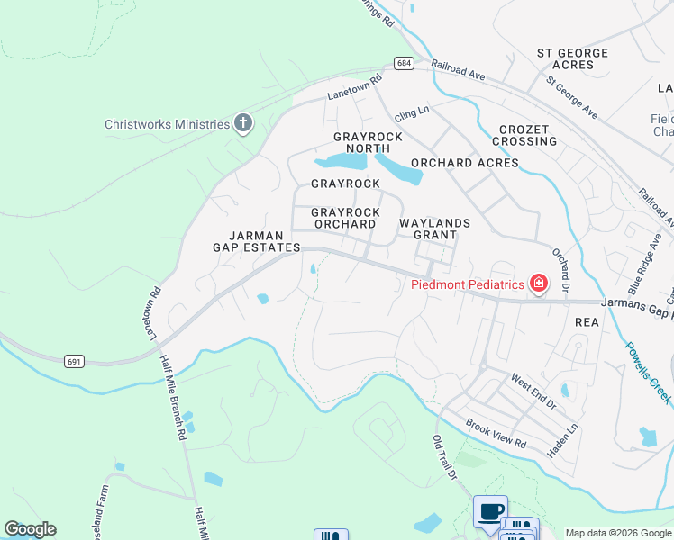 map of restaurants, bars, coffee shops, grocery stores, and more near 6147-6175 Jarmans Gap Rd in Crozet