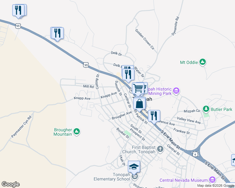 map of restaurants, bars, coffee shops, grocery stores, and more near 214 Knapp Avenue in Tonopah