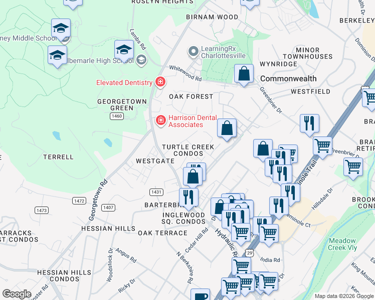 map of restaurants, bars, coffee shops, grocery stores, and more near 103 Turtle Creek Road in Charlottesville