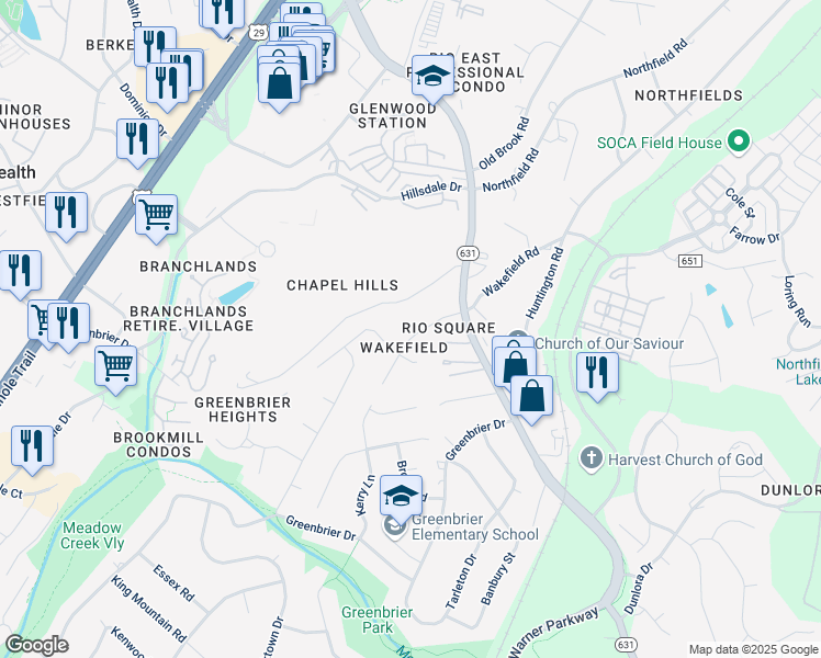 map of restaurants, bars, coffee shops, grocery stores, and more near 2307 Wakefield Road in Charlottesville