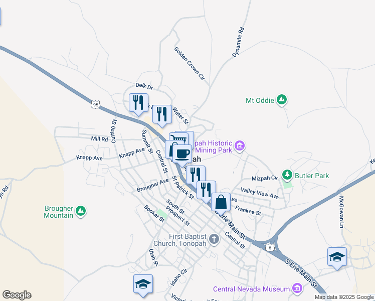 map of restaurants, bars, coffee shops, grocery stores, and more near 102 Burro Avenue in Tonopah