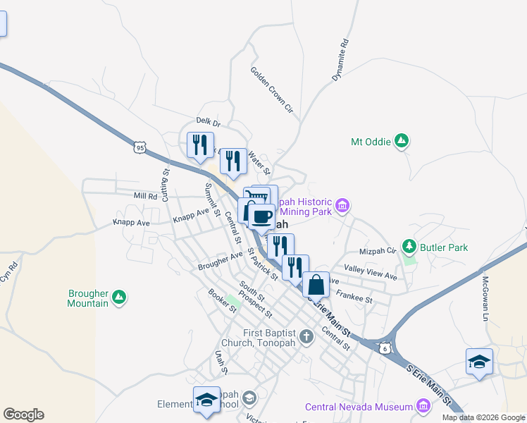 map of restaurants, bars, coffee shops, grocery stores, and more near 102 Burro Avenue in Tonopah