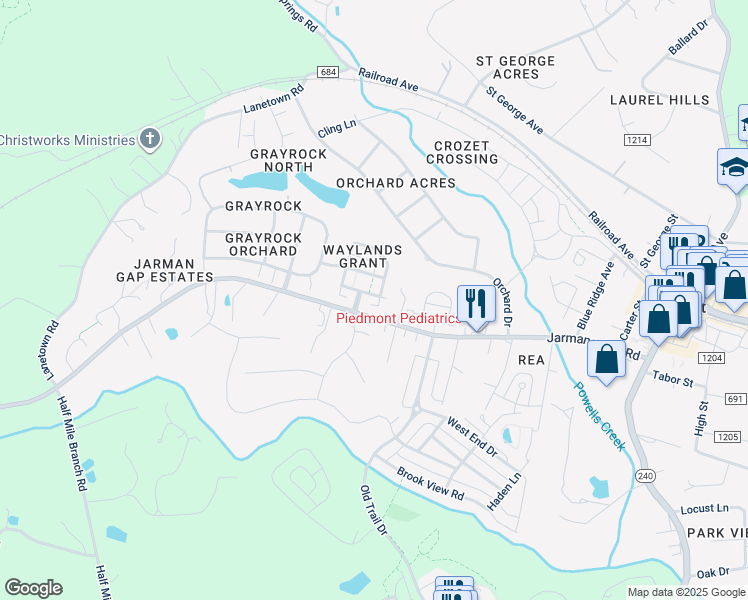 map of restaurants, bars, coffee shops, grocery stores, and more near 6494 Freedom Boulevard in Crozet