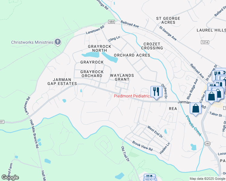 map of restaurants, bars, coffee shops, grocery stores, and more near 1124 Edmond Court in Crozet