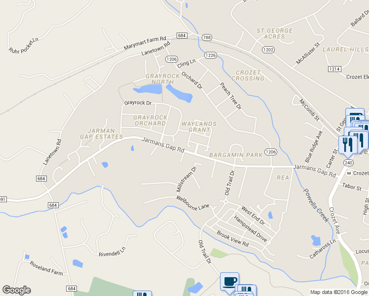 map of restaurants, bars, coffee shops, grocery stores, and more near 1124 Edmond Court in Crozet