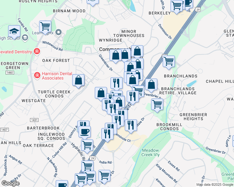 map of restaurants, bars, coffee shops, grocery stores, and more near 1180 Seminole Trail in Charlottesville