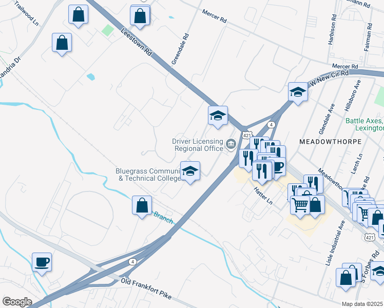 map of restaurants, bars, coffee shops, grocery stores, and more near Opportunity Way in Lexington