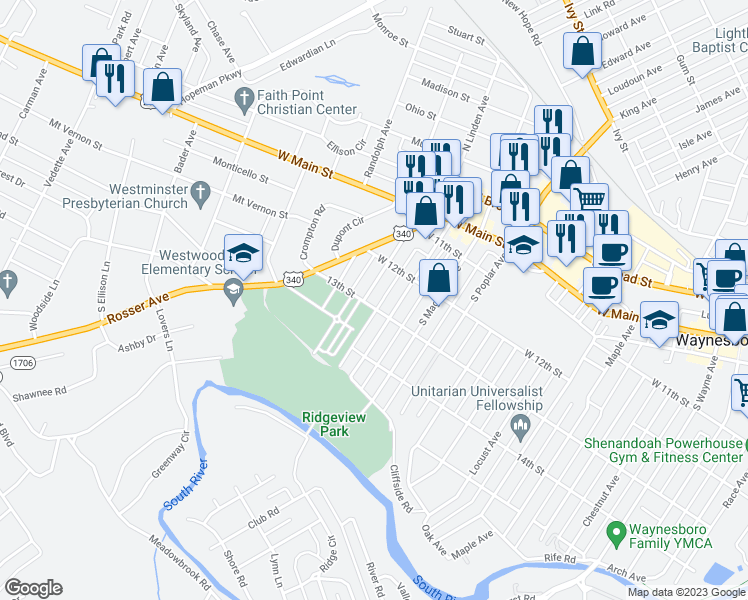 map of restaurants, bars, coffee shops, grocery stores, and more near 468 South Laurel Avenue in Waynesboro