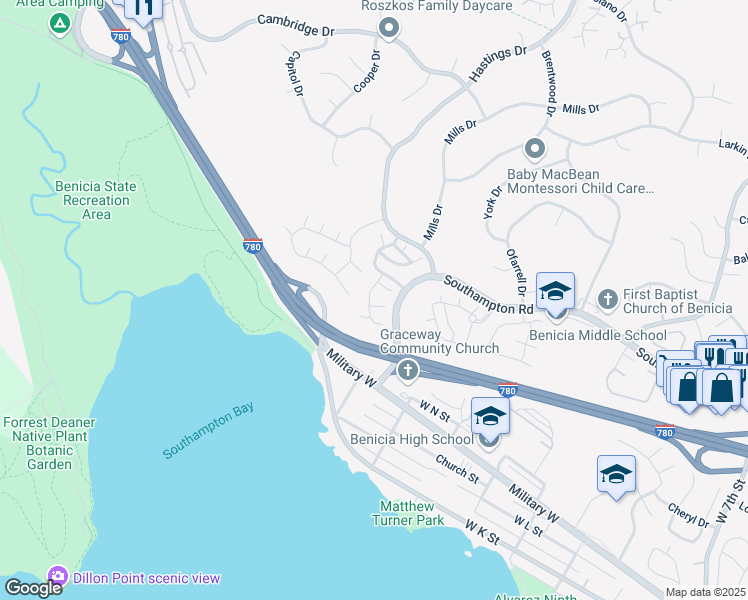 map of restaurants, bars, coffee shops, grocery stores, and more near 1752 Stuart Court in Benicia