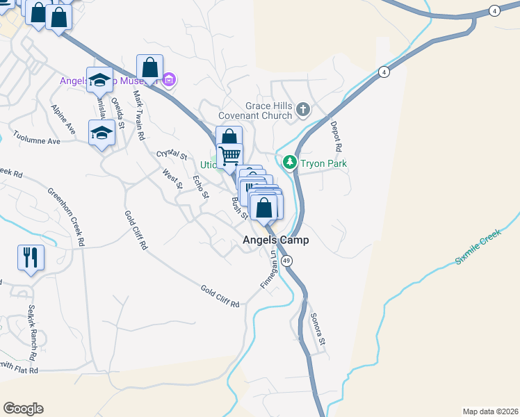 map of restaurants, bars, coffee shops, grocery stores, and more near 1200 Raspberry Lane in Angels Camp