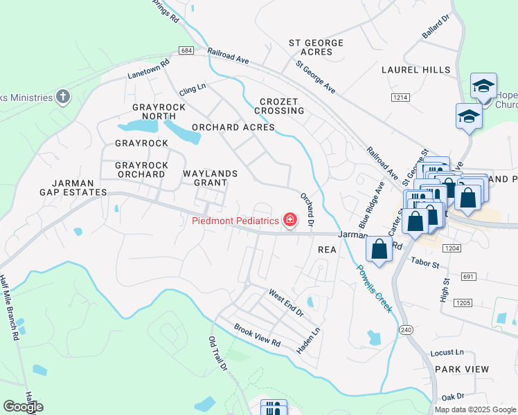 map of restaurants, bars, coffee shops, grocery stores, and more near 1840 Bargamin Loop in Crozet