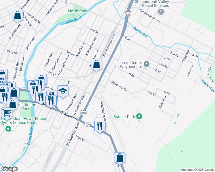 map of restaurants, bars, coffee shops, grocery stores, and more near 408 North Winchester Avenue in Waynesboro