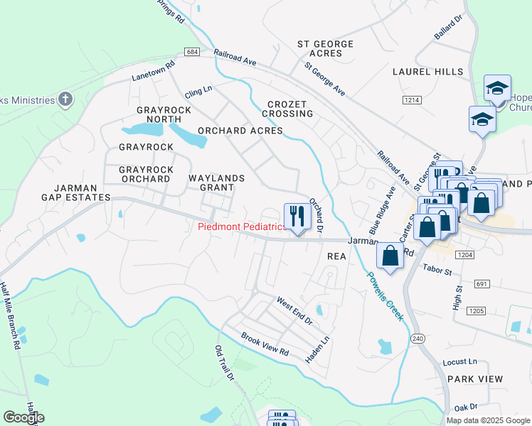 map of restaurants, bars, coffee shops, grocery stores, and more near 1840 Bargamin Loop in Crozet