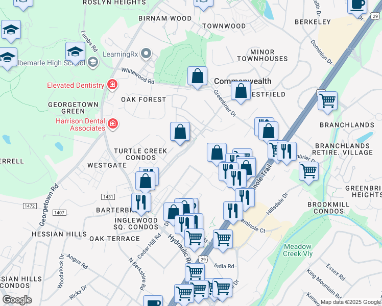 map of restaurants, bars, coffee shops, grocery stores, and more near 2111 Commonwealth Drive in Charlottesville