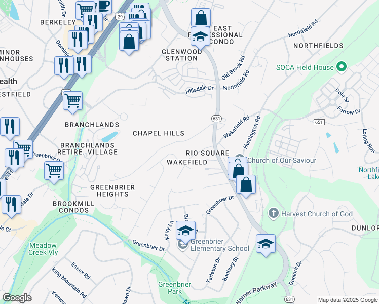 map of restaurants, bars, coffee shops, grocery stores, and more near 2307 Wakefield Road in Charlottesville