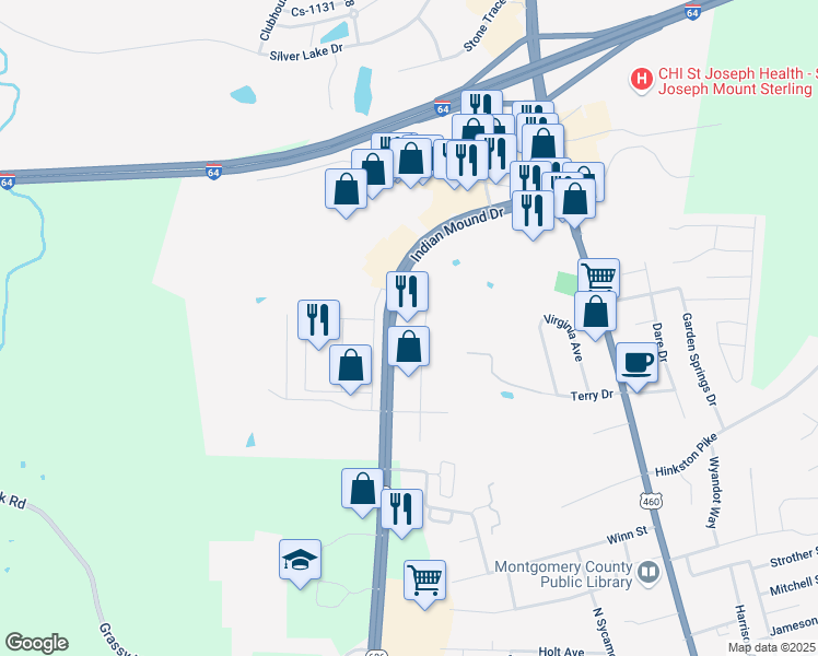 map of restaurants, bars, coffee shops, grocery stores, and more near 488 Indian Mound Drive in Mount Sterling