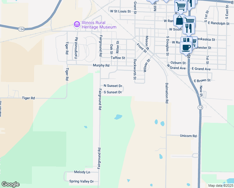 map of restaurants, bars, coffee shops, grocery stores, and more near 88-998 South Sunset Drive in Pinckneyville