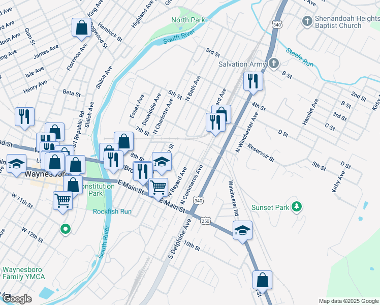 map of restaurants, bars, coffee shops, grocery stores, and more near 537 7th Street in Waynesboro