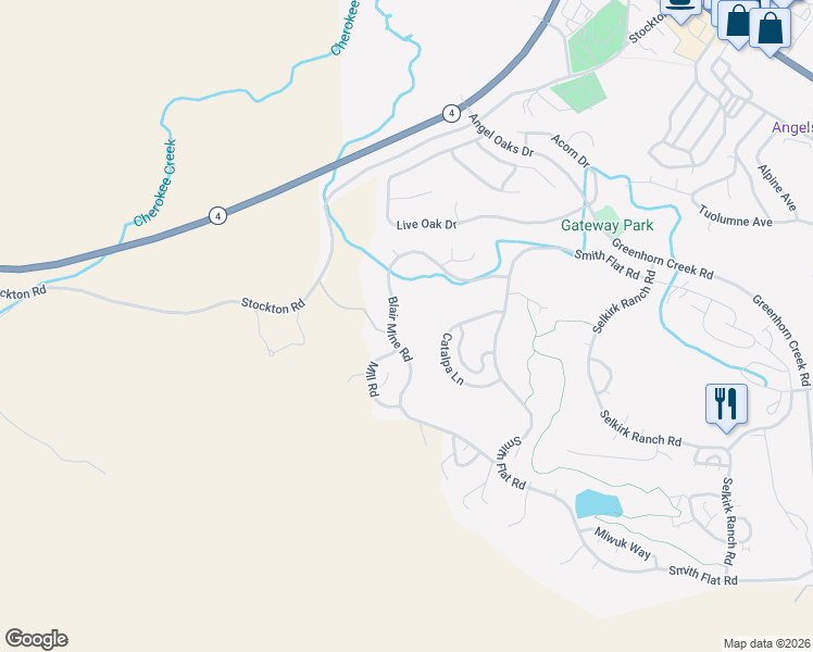 map of restaurants, bars, coffee shops, grocery stores, and more near 293 Blair Mine Road in Angels Camp