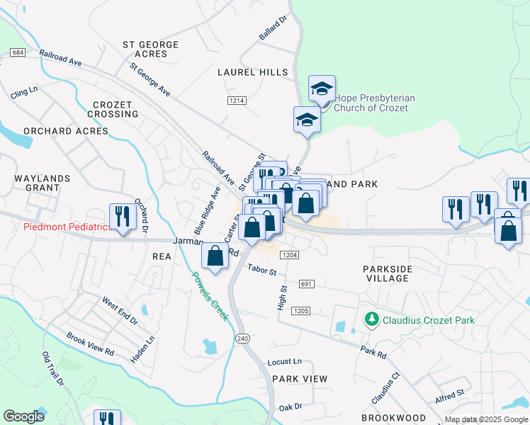 map of restaurants, bars, coffee shops, grocery stores, and more near in Crozet