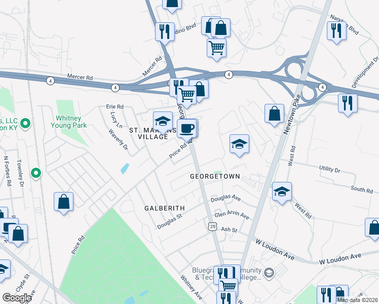 map of restaurants, bars, coffee shops, grocery stores, and more near 866 Georgetown Street in Lexington