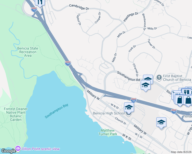 map of restaurants, bars, coffee shops, grocery stores, and more near 1757 Stuart Court in Benicia
