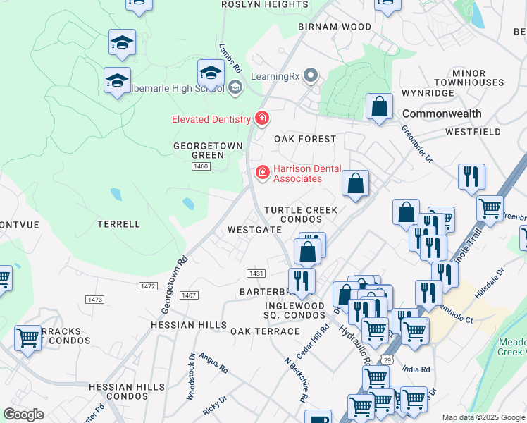map of restaurants, bars, coffee shops, grocery stores, and more near 2620 Hydraulic Road in Charlottesville