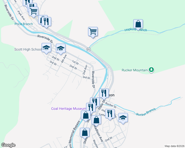 map of restaurants, bars, coffee shops, grocery stores, and more near 126 Rte 152 Rd in Madison