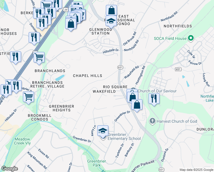 map of restaurants, bars, coffee shops, grocery stores, and more near 2309 Wakefield Road in Charlottesville