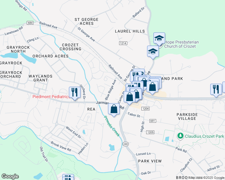 map of restaurants, bars, coffee shops, grocery stores, and more near 1227 Blue Ridge Avenue in Crozet