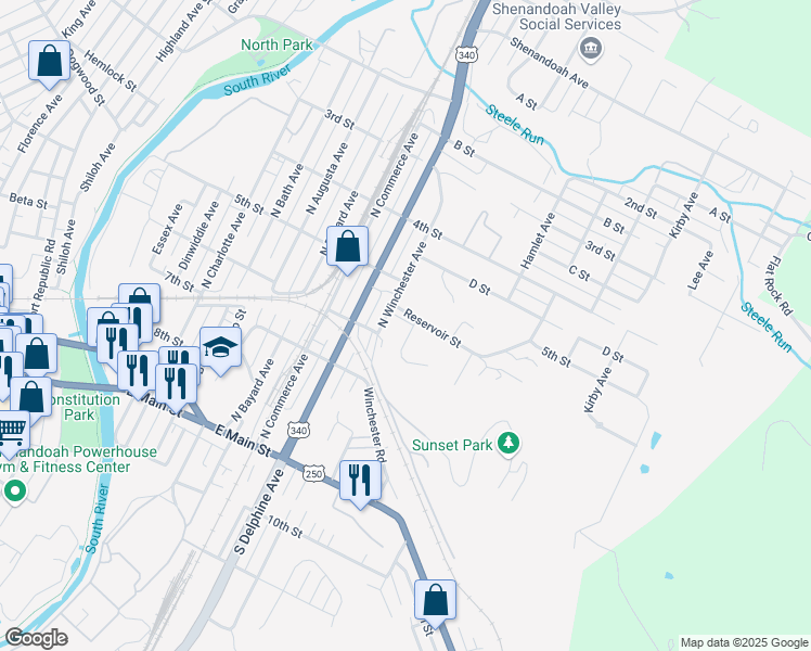 map of restaurants, bars, coffee shops, grocery stores, and more near 401 Woodland Circle in Waynesboro