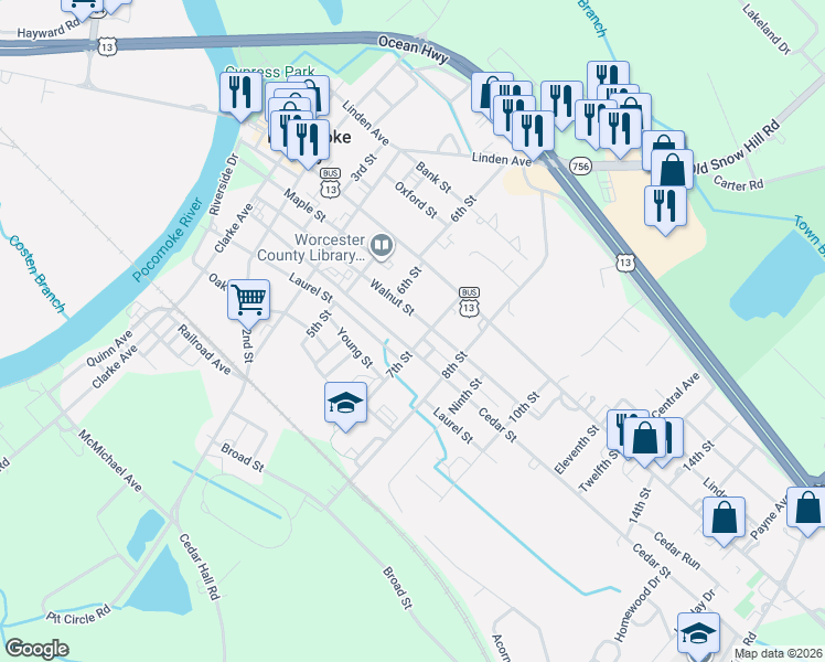 map of restaurants, bars, coffee shops, grocery stores, and more near 614 Walnut St in Pocomoke City