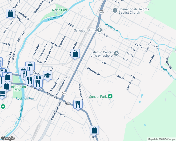 map of restaurants, bars, coffee shops, grocery stores, and more near 408 North Winchester Avenue in Waynesboro