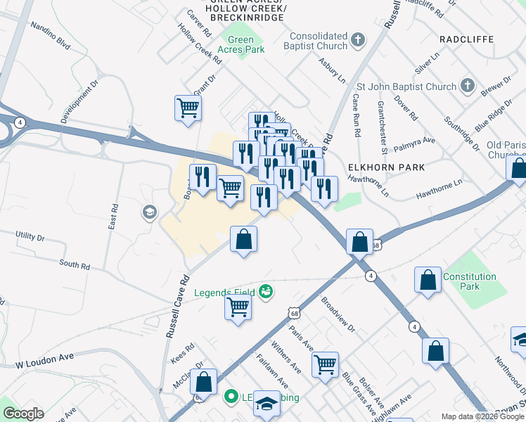 map of restaurants, bars, coffee shops, grocery stores, and more near 1353 Russell Cave Road in Lexington