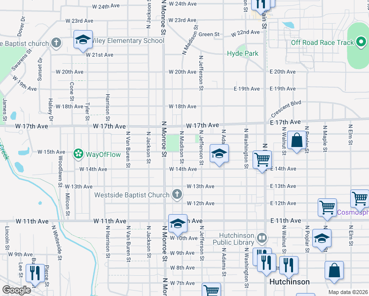 map of restaurants, bars, coffee shops, grocery stores, and more near 400-498 West 15th Avenue in Hutchinson