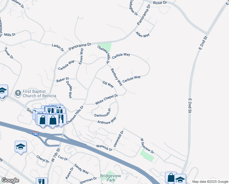 map of restaurants, bars, coffee shops, grocery stores, and more near 103 Gill Way in Benicia