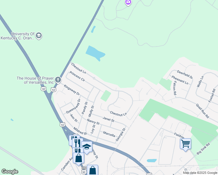map of restaurants, bars, coffee shops, grocery stores, and more near 159 Chestnut Lane in Versailles