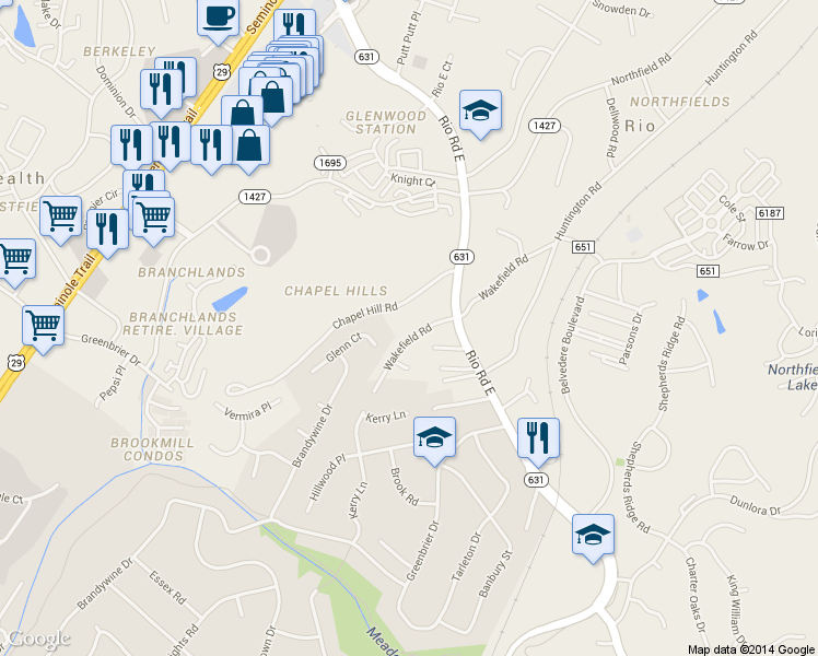 map of restaurants, bars, coffee shops, grocery stores, and more near 2309 Wakefield Road in Charlottesville