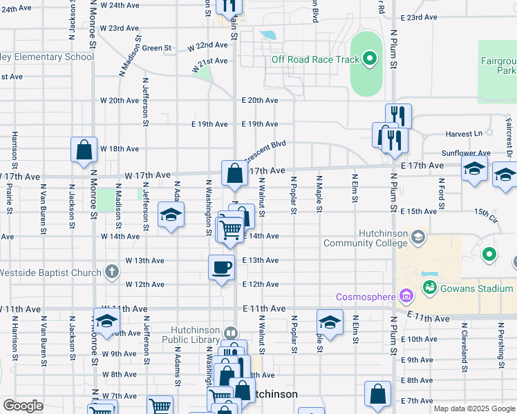map of restaurants, bars, coffee shops, grocery stores, and more near 24 East 15th Avenue in Hutchinson