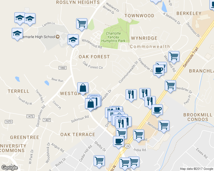 map of restaurants, bars, coffee shops, grocery stores, and more near 138 Green Turtle Lane in Charlottesville