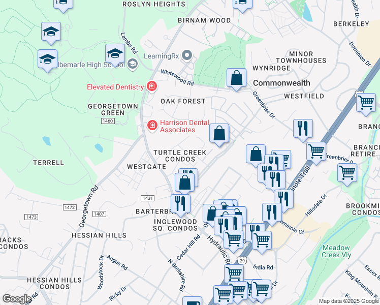map of restaurants, bars, coffee shops, grocery stores, and more near 127 Turtle Creek Road in Charlottesville