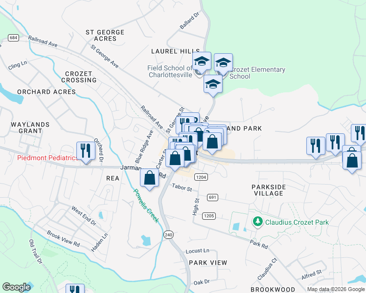 map of restaurants, bars, coffee shops, grocery stores, and more near in Crozet