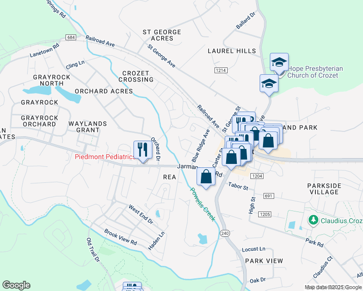 map of restaurants, bars, coffee shops, grocery stores, and more near 1194 State Route 1201 in Crozet