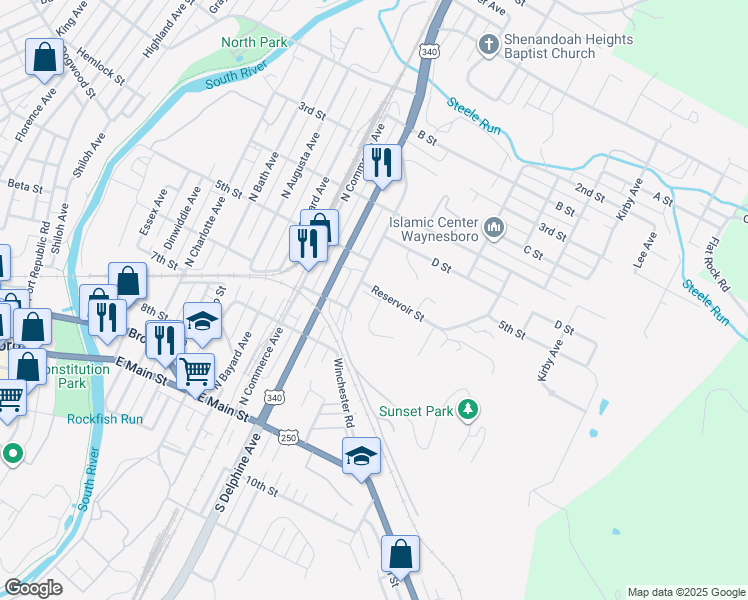map of restaurants, bars, coffee shops, grocery stores, and more near 408 North Winchester Avenue in Waynesboro